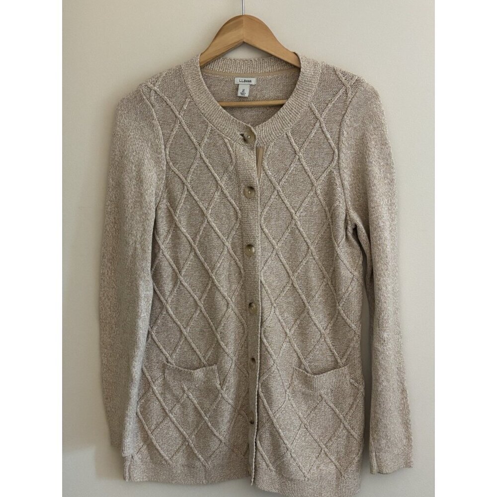 LL Bean Womens Stitchworks Cardigan Sweater Chunky Knit Button Up Khaki Size M - Picture 2 of 10